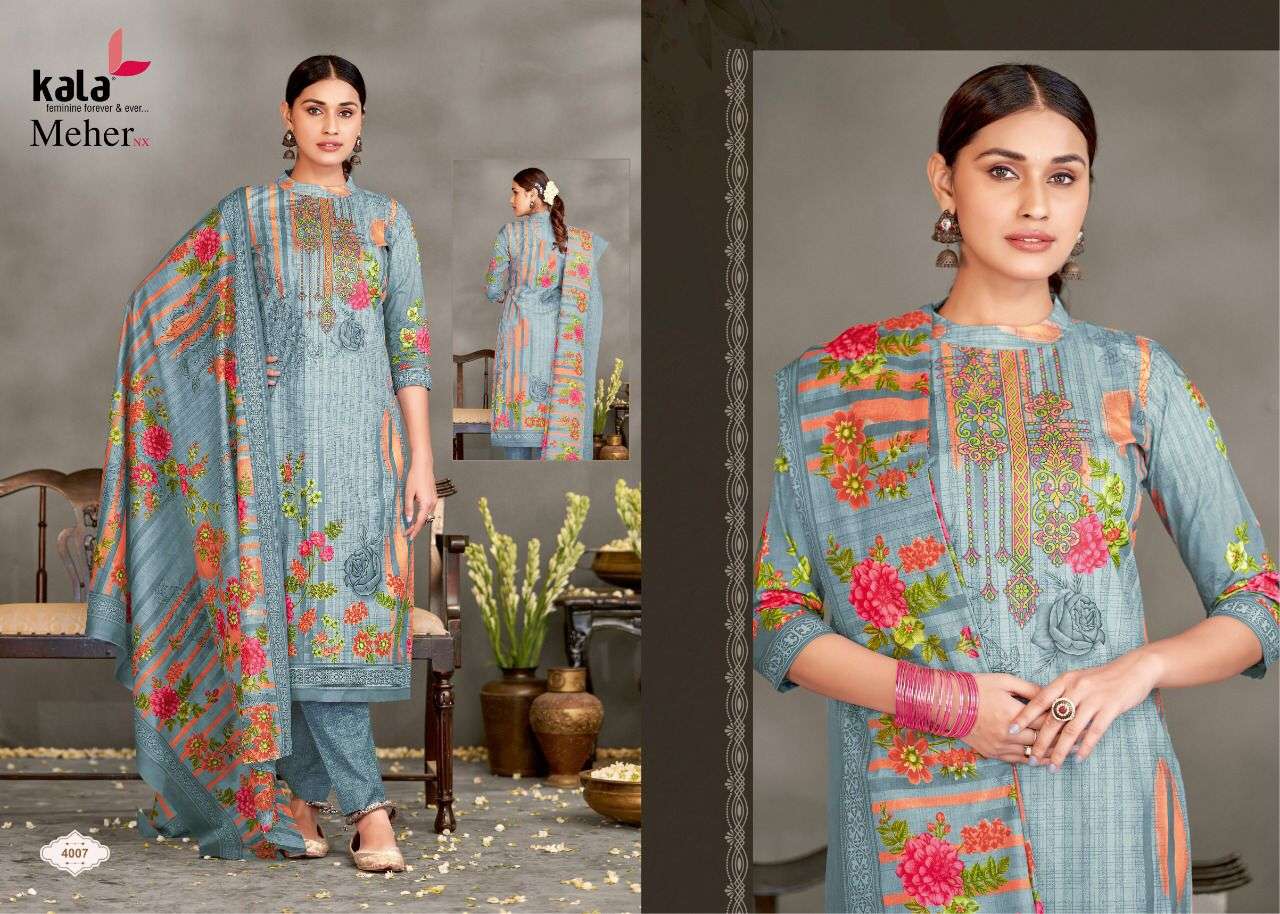 MEHER NX BY KALA 4001 TO 4012 SERIES BEAUTIFUL SUITS STYLISH FANCY COLORFUL PARTY WEAR & OCCASIONAL WEAR PURE COTTON DIGITAL PRINTED DRESSES AT WHOLESALE PRICE
