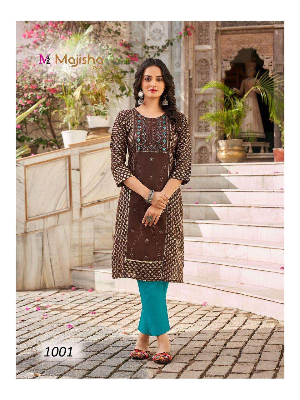 DESTINY BY MAJISHA NX 1001 TO 1008 SERIES DESIGNER STYLISH FANCY COLORFUL BEAUTIFUL PARTY WEAR & ETHNIC WEAR COLLECTION RAYON FOIL PRINT KURTIS AT WHOLESALE PRICE