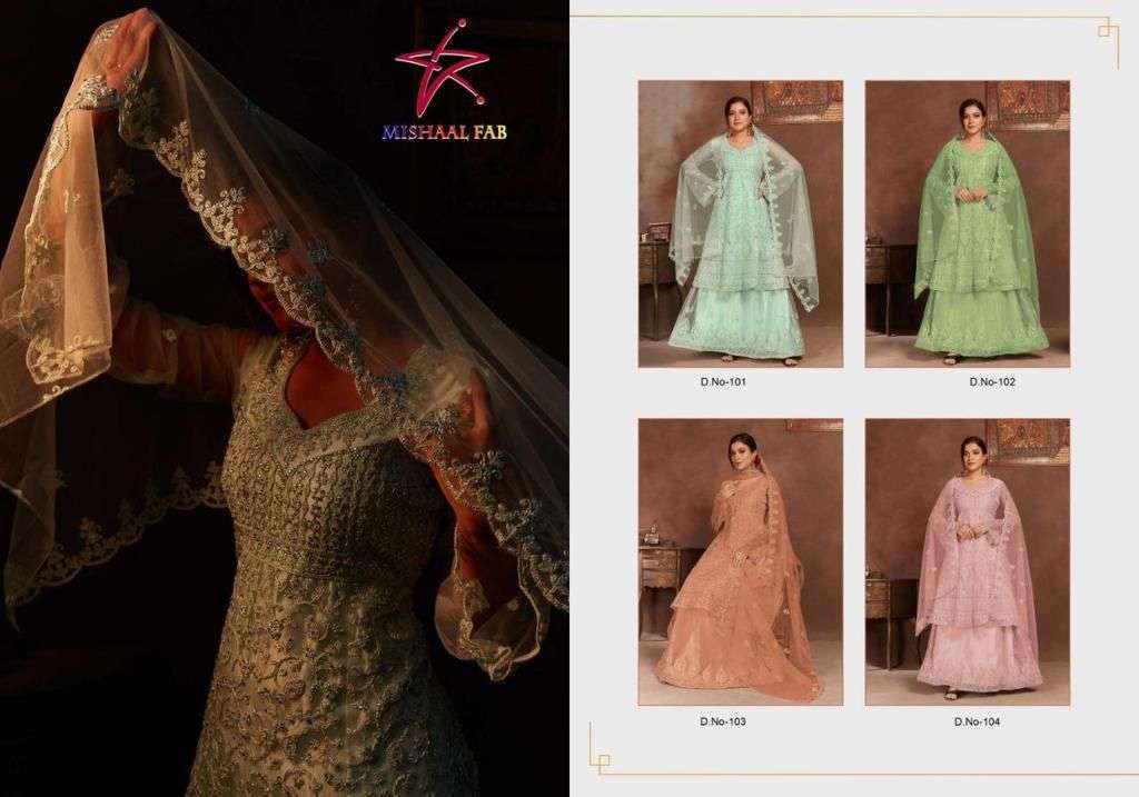 MISHAAL 101 SERIES BY MISHAAL FAB 101 TO 104 SERIES BEAUTIFUL PAKISTANI SUITS STYLISH COLORFUL FANCY CASUAL WEAR & ETHNIC WEAR NET EMBROIDERED DRESSES AT WHOLESALE PRICE