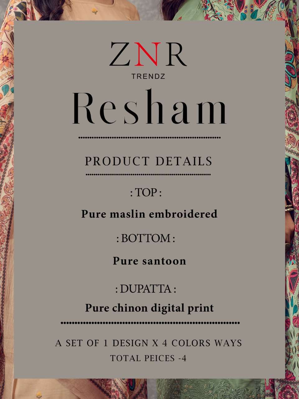 RESHAM BY ZNR TRENDZ A TO D SERIES BEAUTIFUL SUITS COLORFUL STYLISH FANCY CASUAL WEAR & ETHNIC WEAR MUSLIN EMBROIDERED DRESSES AT WHOLESALE PRICE