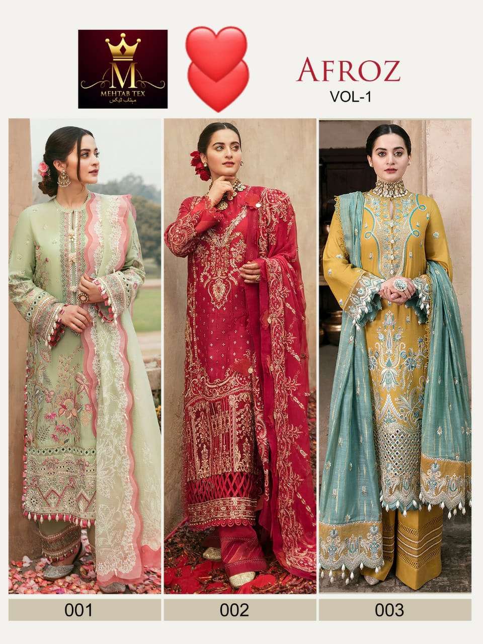 AFROZ VOL-1 BY MEHTAB TEX 001 TO 0003 SERIES PAKISTANI SUITS BEAUTIFUL FANCY COLORFUL STYLISH PARTY WEAR & OCCASIONAL WEAR GEORGETTE WITH EMBROIDERY DRESSES AT WHOLESALE PRICE