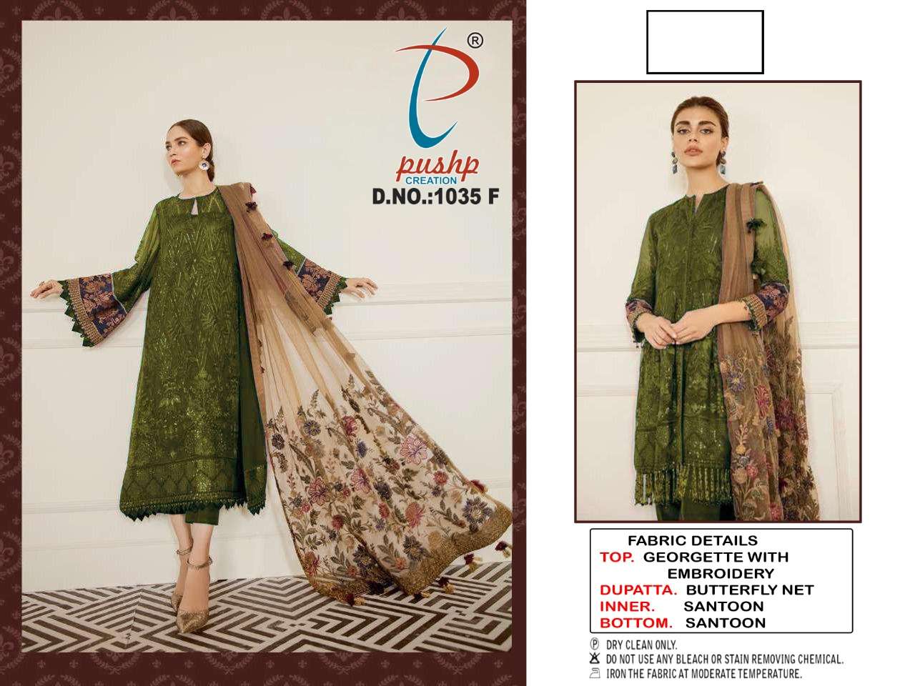 PUSHP HIT DESIGN 1035 COLOURS BY PUSHP CREATION 1035-A TO 1035-G SERIES DESIGNER PAKISTANI SUITS BEAUTIFUL STYLISH FANCY COLORFUL PARTY WEAR & OCCASIONAL WEAR FAUX GEORGETTE EMBROIDERED DRESSES AT WHOLESALE PRICE