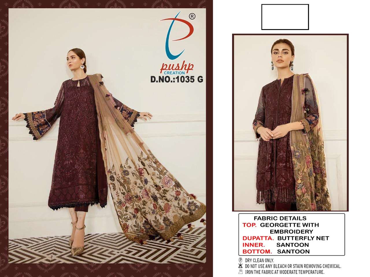 PUSHP HIT DESIGN 1035 COLOURS BY PUSHP CREATION 1035-A TO 1035-G SERIES DESIGNER PAKISTANI SUITS BEAUTIFUL STYLISH FANCY COLORFUL PARTY WEAR & OCCASIONAL WEAR FAUX GEORGETTE EMBROIDERED DRESSES AT WHOLESALE PRICE