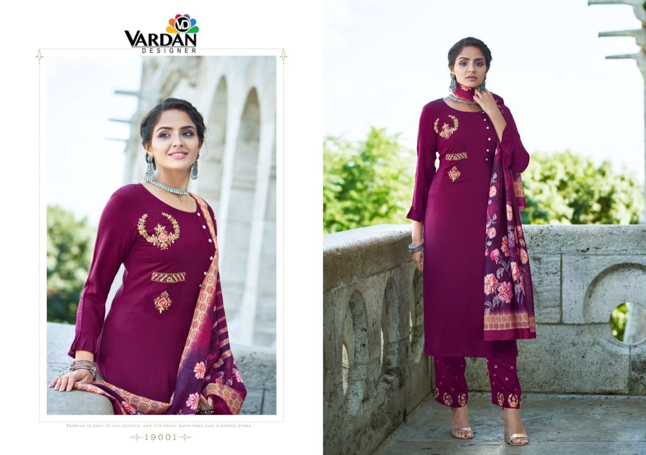 Sarshiya Vol-1 By Vardan Designer 19001 To 19003 Series Beautiful Suits Colorful Stylish Fancy Casual Wear & Ethnic Wear Rayon Embroidered Dresses At Wholesale Price