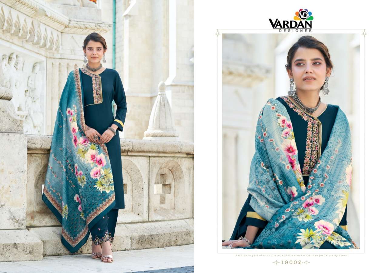 Sarshiya Vol-1 By Vardan Designer 19001 To 19003 Series Beautiful Suits Colorful Stylish Fancy Casual Wear & Ethnic Wear Rayon Embroidered Dresses At Wholesale Price