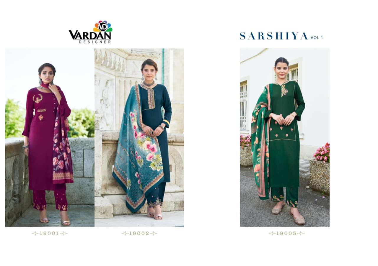 Sarshiya Vol-1 By Vardan Designer 19001 To 19003 Series Beautiful Suits Colorful Stylish Fancy Casual Wear & Ethnic Wear Rayon Embroidered Dresses At Wholesale Price