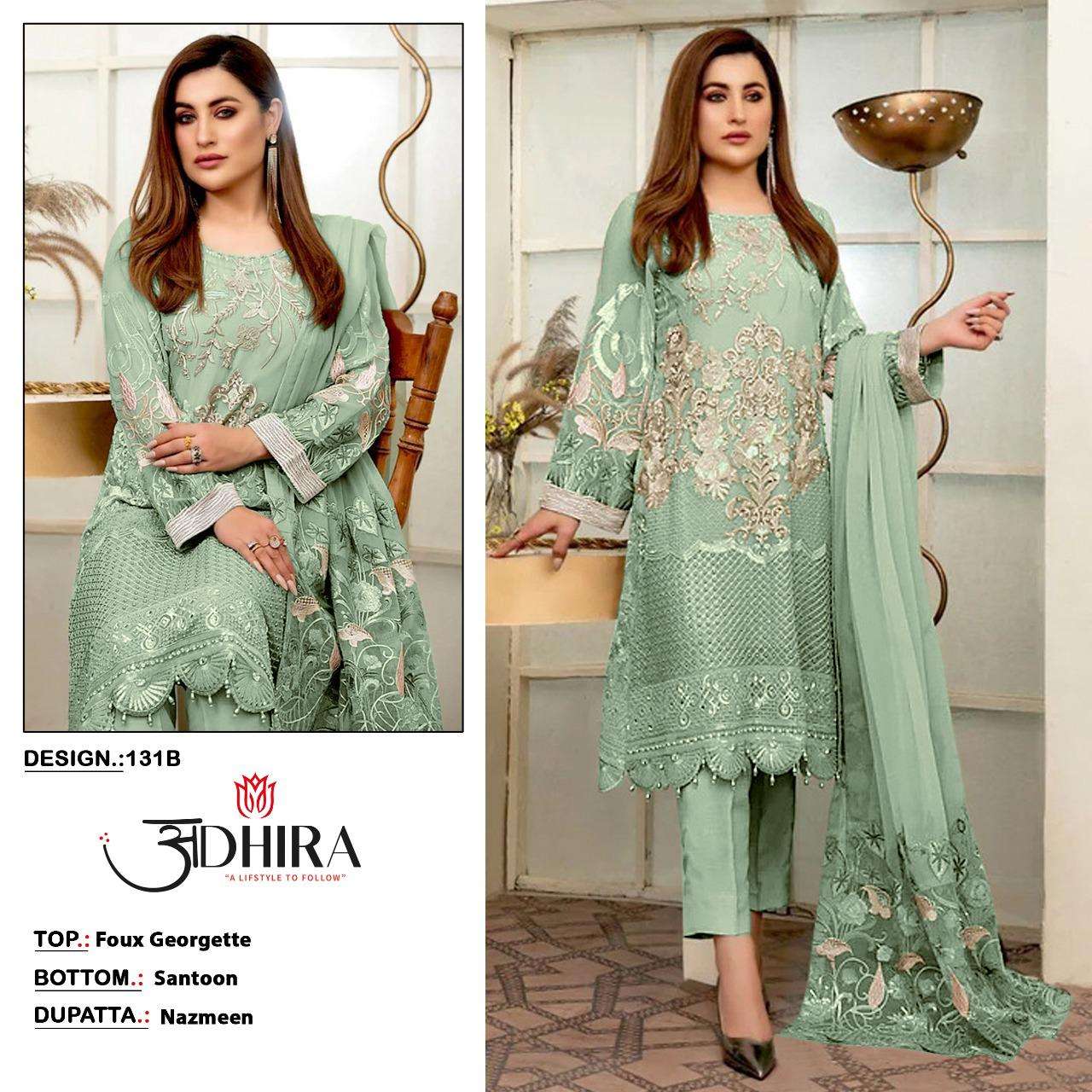 ADHIRA 131 COLOURS BY ADHIRA 131-A TO 131-D SERIES DESIGNER PAKISTANI SUITS BEAUTIFUL STYLISH FANCY COLORFUL PARTY WEAR & OCCASIONAL WEAR FAUX GEORGETTE DRESSES AT WHOLESALE PRICE
