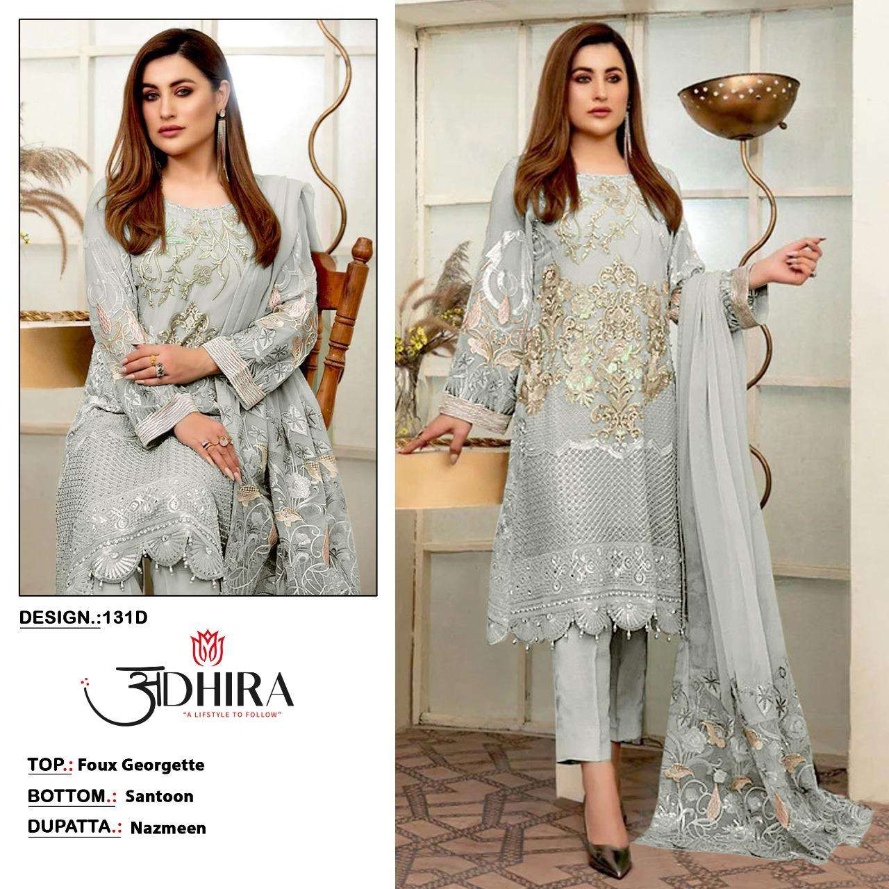 ADHIRA 131 COLOURS BY ADHIRA 131-A TO 131-D SERIES DESIGNER PAKISTANI SUITS BEAUTIFUL STYLISH FANCY COLORFUL PARTY WEAR & OCCASIONAL WEAR FAUX GEORGETTE DRESSES AT WHOLESALE PRICE
