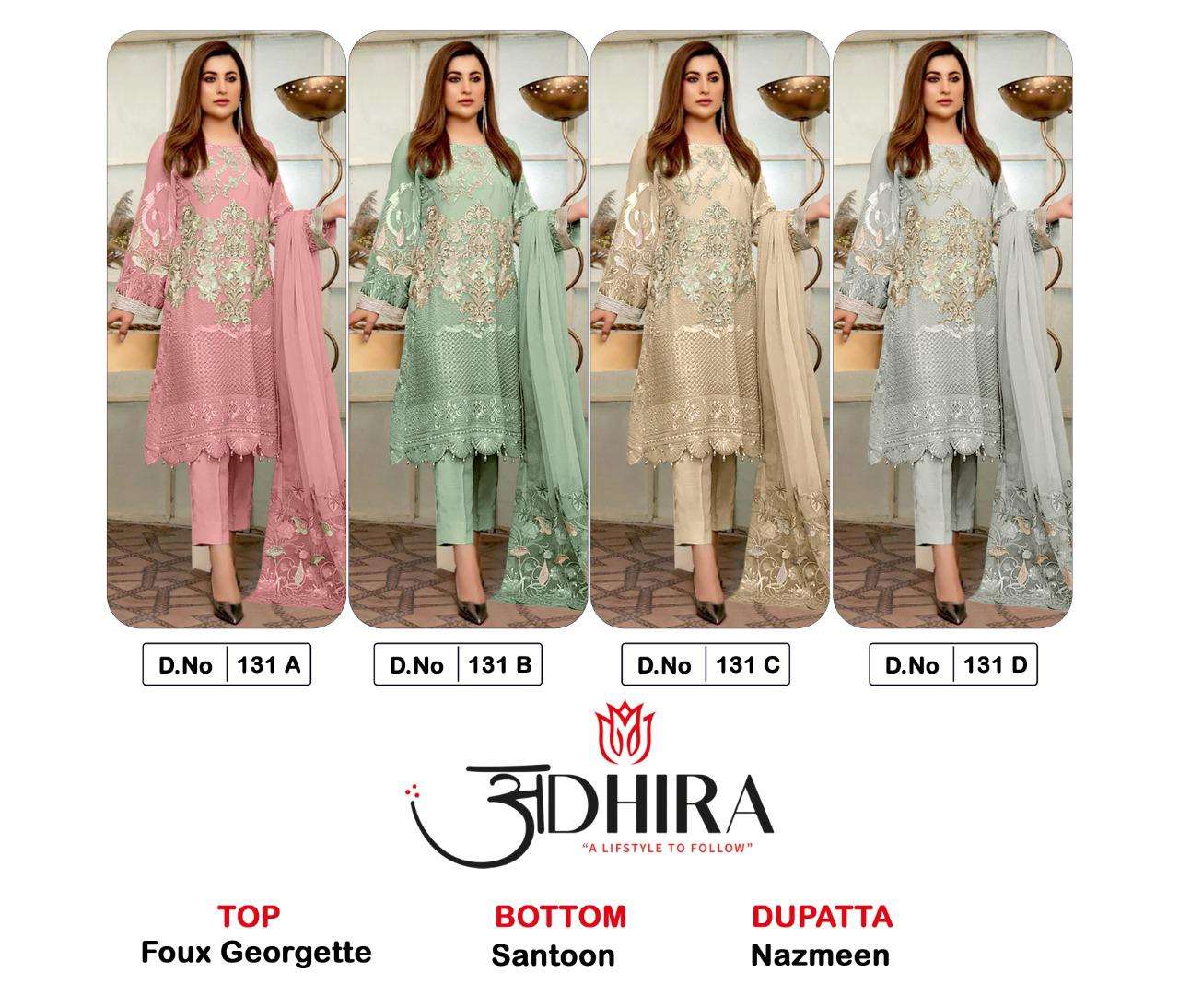 ADHIRA 131 COLOURS BY ADHIRA 131-A TO 131-D SERIES DESIGNER PAKISTANI SUITS BEAUTIFUL STYLISH FANCY COLORFUL PARTY WEAR & OCCASIONAL WEAR FAUX GEORGETTE DRESSES AT WHOLESALE PRICE