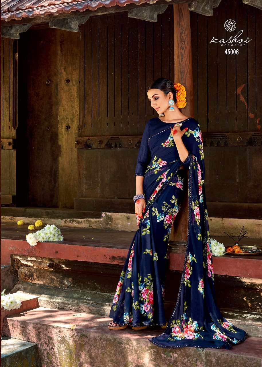 NIRALI BY KASHVI CREATION 45001 TO 45010 SERIES INDIAN TRADITIONAL WEAR COLLECTION BEAUTIFUL STYLISH FANCY COLORFUL PARTY WEAR & OCCASIONAL WEAR CHIFFON SAREES AT WHOLESALE PRICE