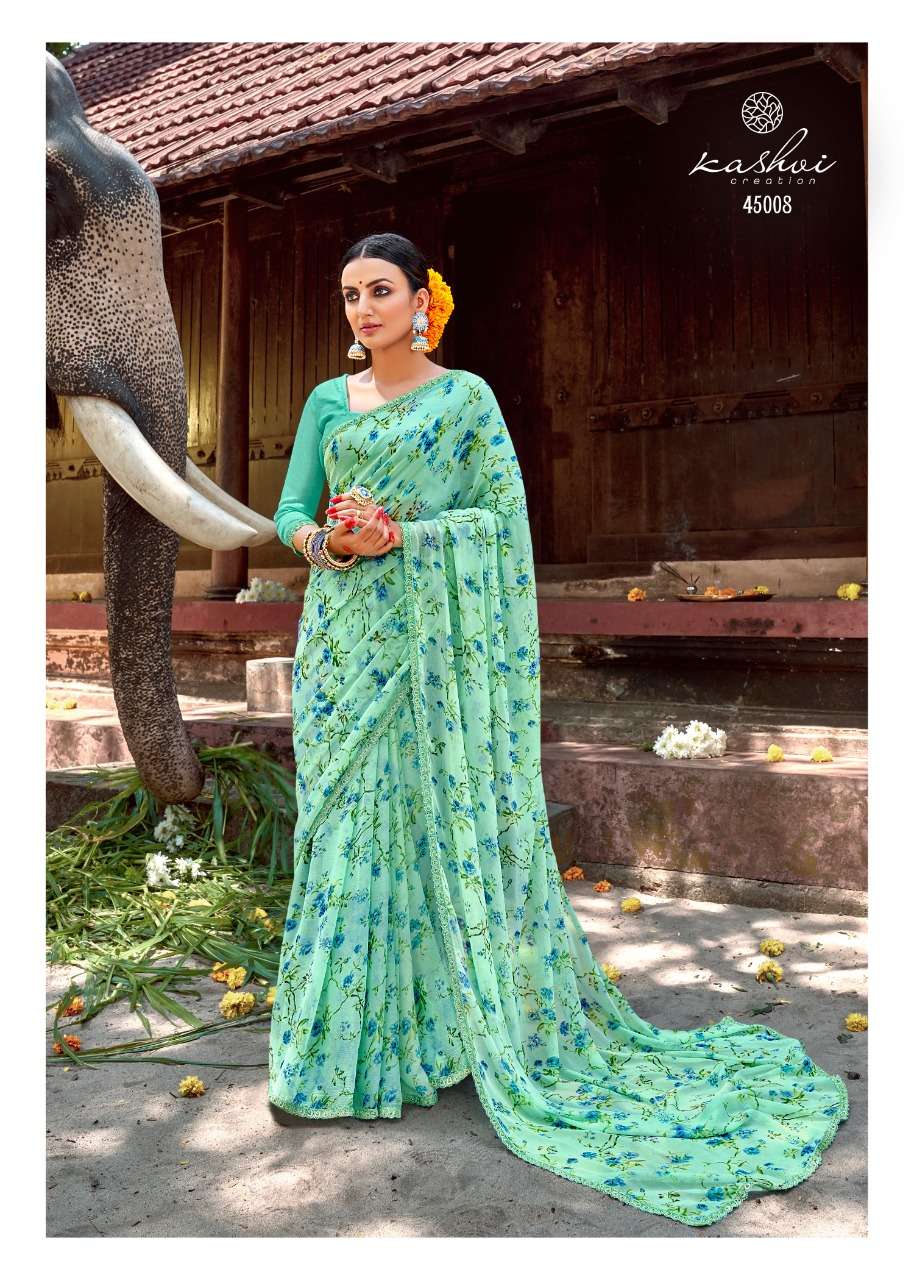 NIRALI BY KASHVI CREATION 45001 TO 45010 SERIES INDIAN TRADITIONAL WEAR COLLECTION BEAUTIFUL STYLISH FANCY COLORFUL PARTY WEAR & OCCASIONAL WEAR CHIFFON SAREES AT WHOLESALE PRICE
