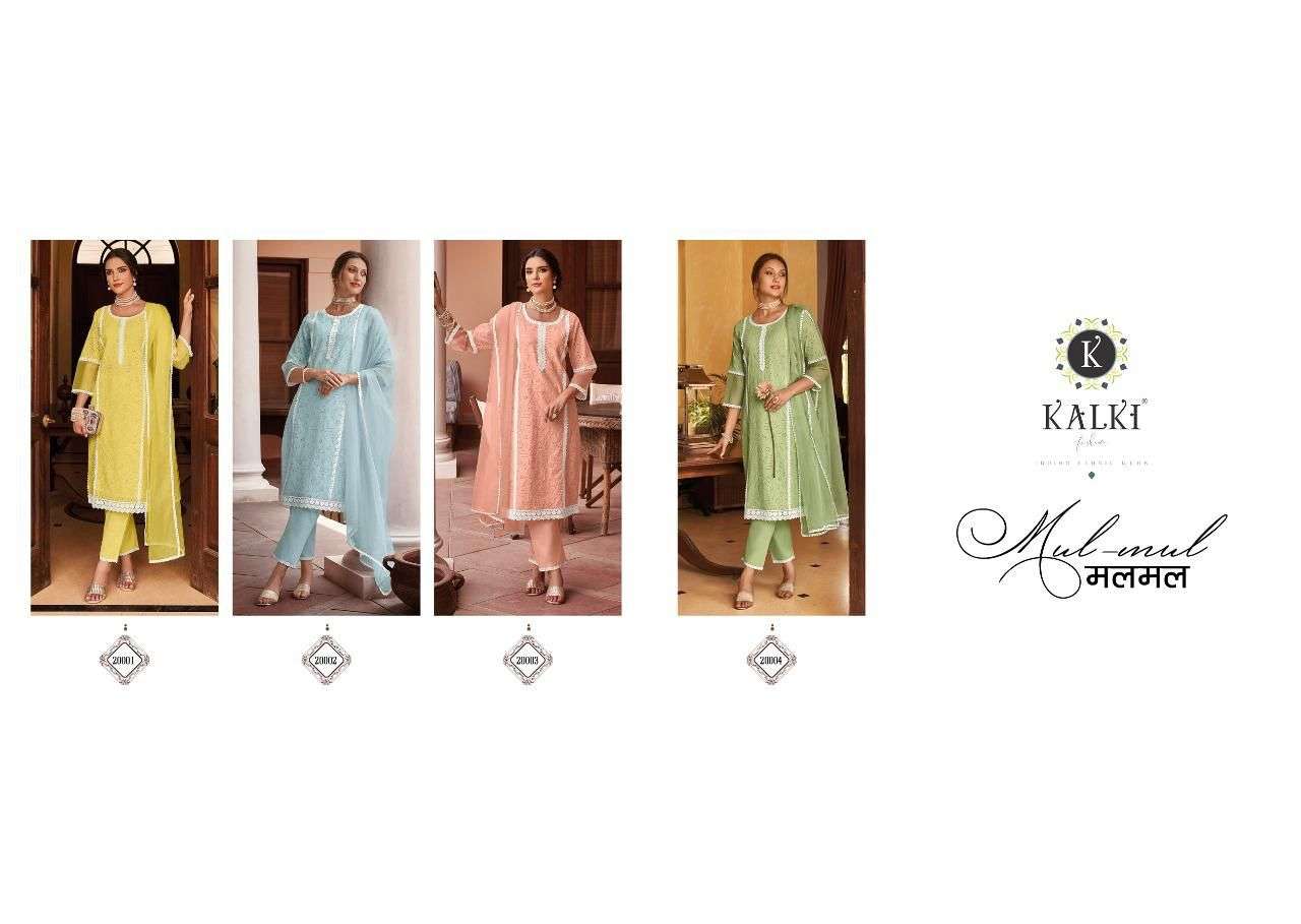 MUL MUL BY KALKI 20001 TO 20004 SERIES BEAUTIFUL SUITS COLORFUL STYLISH FANCY CASUAL WEAR & ETHNIC WEAR PURE COTTON SILK DRESSES AT WHOLESALE PRICE