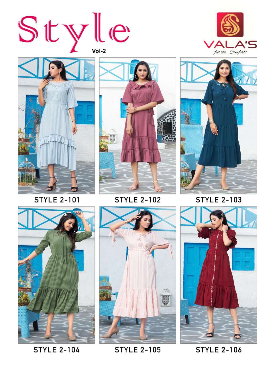 STYLE VOL-2 BY VALAS 101 TO 106 SERIES BEAUTIFUL SUITS COLORFUL STYLISH FANCY CASUAL WEAR & ETHNIC WEAR RAYON DRESSES AT WHOLESALE PRICE