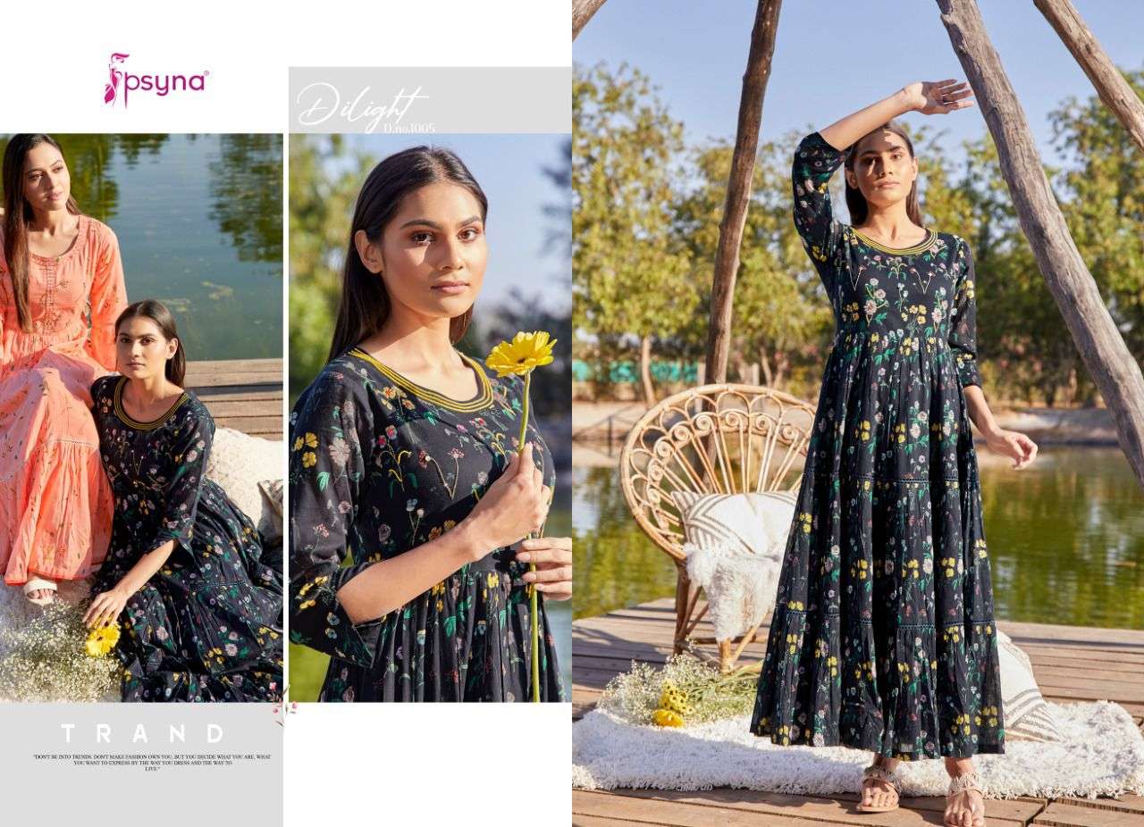 DILIGHT BY PSYNA 1001 TO 1006 SERIES BEAUTIFUL STYLISH FANCY COLORFUL CASUAL WEAR & ETHNIC WEAR COTTON MAL PRINT GOWNS AT WHOLESALE PRICE
