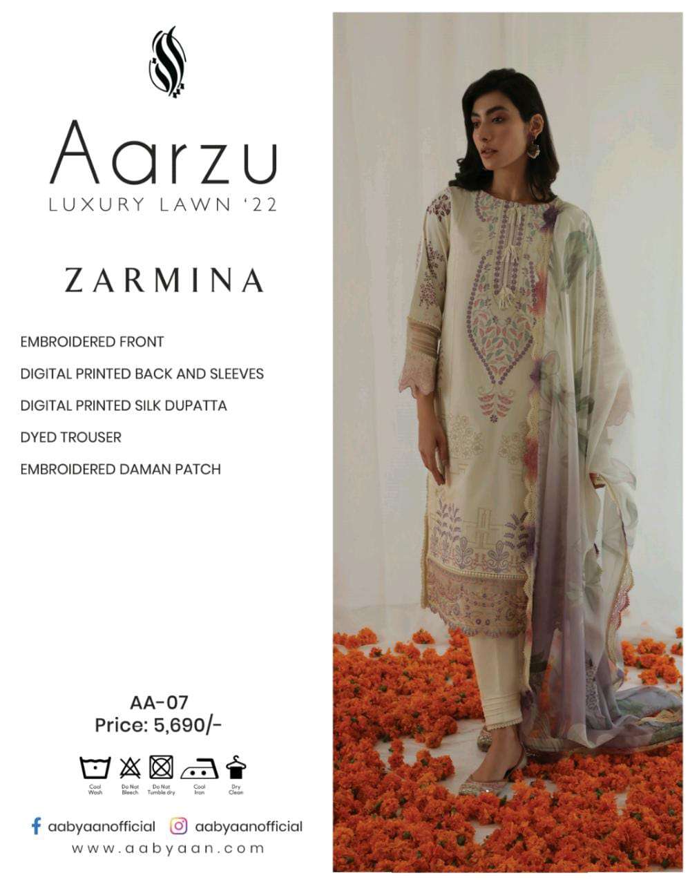ORIGINIAL PAKISTANI AARZU LUXURY LAWN-22 BY AABHIYAN BEAUTIFUL PAKISTANI SUITS COLORFUL STYLISH FANCY CASUAL WEAR & ETHNIC WEAR DIGITAL PRINT/EMBROIDERED DRESSES AT WHOLESALE PRICE