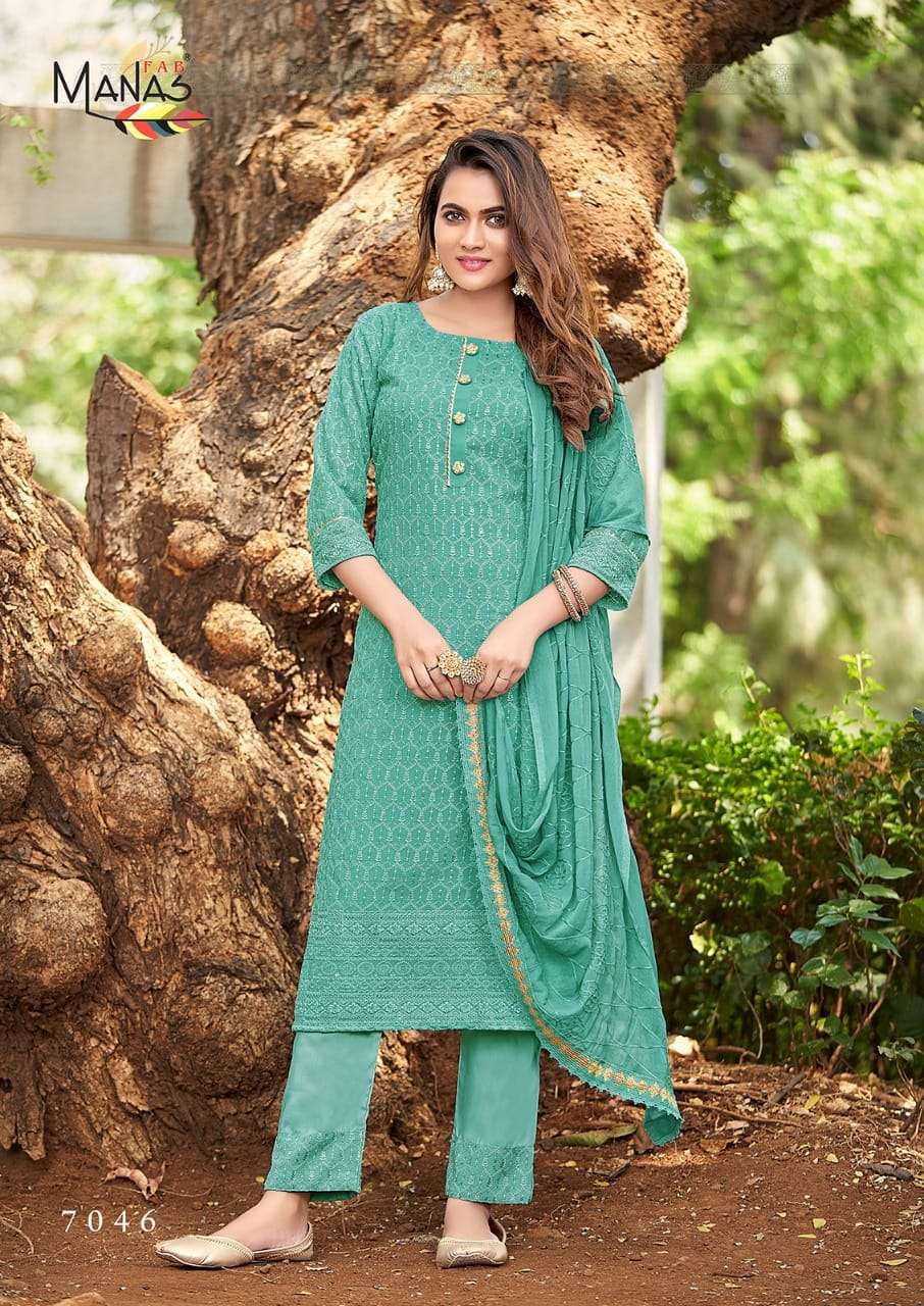 SCHIFFLI VOL-8 BY MANAS FAB 7043 TO 7048 SERIES BEAUTIFUL SUITS COLORFUL STYLISH FANCY CASUAL WEAR & ETHNIC WEAR GEORGETTE WITH SCHIFFLI WORK DRESSES AT WHOLESALE PRICE