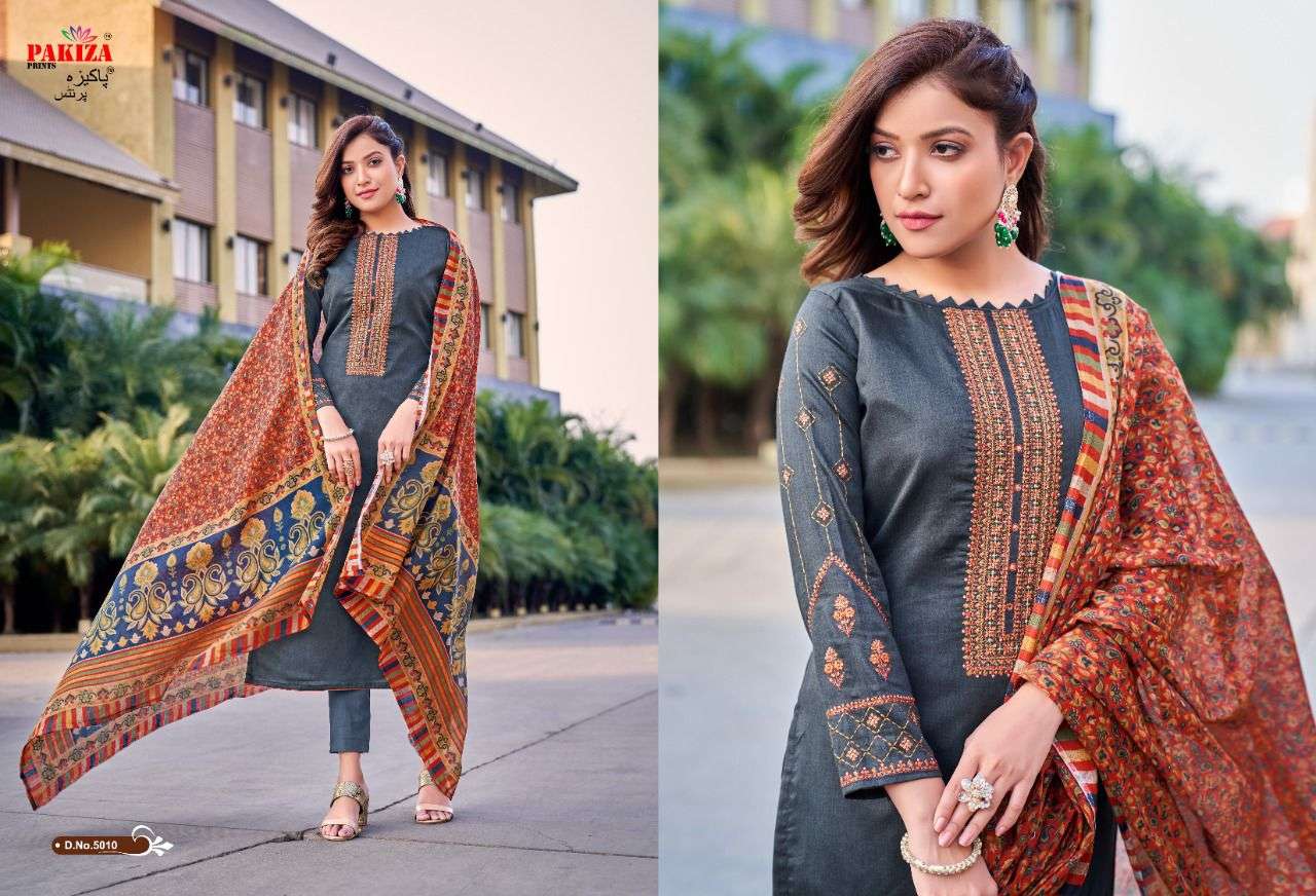 VOLUME VOL-5 BY PAKIZA PRINTS 5001 TO 5010 SERIES BEAUTIFUL SUITS COLORFUL STYLISH FANCY CASUAL WEAR & ETHNIC WEAR JAM SATIN DRESSES AT WHOLESALE PRICE