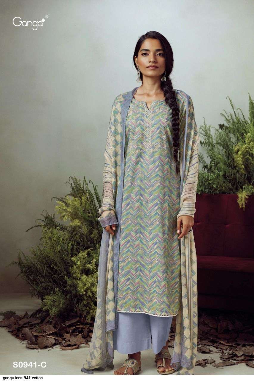INNA-941 BY GANGA FASHION 941-A TO 941-D SERIES BEAUTIFUL SUITS COLORFUL STYLISH FANCY CASUAL WEAR & ETHNIC WEAR SUPERIOR COTTON PRINT WITH EMBROIDERY WORK DRESSES AT WHOLESALE PRICE
