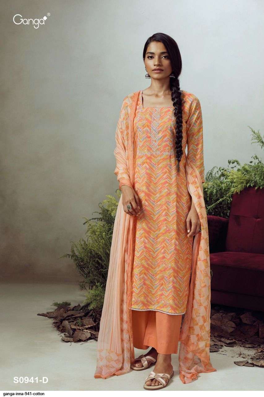 INNA-941 BY GANGA FASHION 941-A TO 941-D SERIES BEAUTIFUL SUITS COLORFUL STYLISH FANCY CASUAL WEAR & ETHNIC WEAR SUPERIOR COTTON PRINT WITH EMBROIDERY WORK DRESSES AT WHOLESALE PRICE