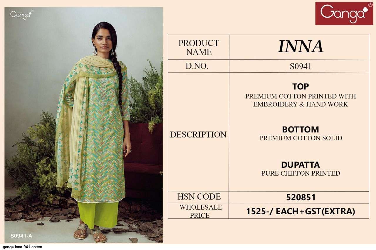 INNA-941 BY GANGA FASHION 941-A TO 941-D SERIES BEAUTIFUL SUITS COLORFUL STYLISH FANCY CASUAL WEAR & ETHNIC WEAR SUPERIOR COTTON PRINT WITH EMBROIDERY WORK DRESSES AT WHOLESALE PRICE