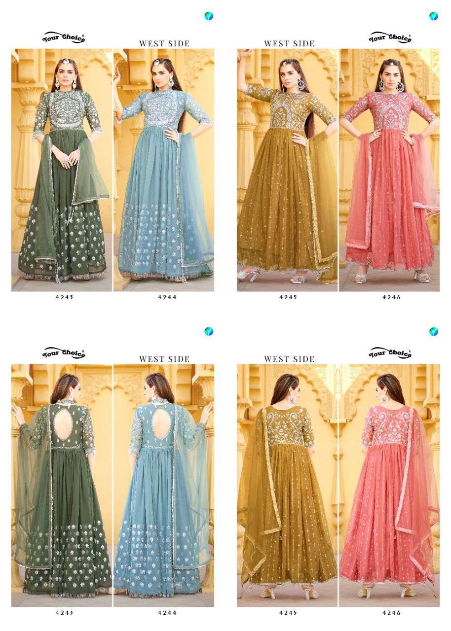 West Side By Your Choice 4243 To 4246 Series Beautiful Suits Colorful Stylish Fancy Casual Wear & Ethnic Wear Pure Georgette Dresses At Wholesale Price