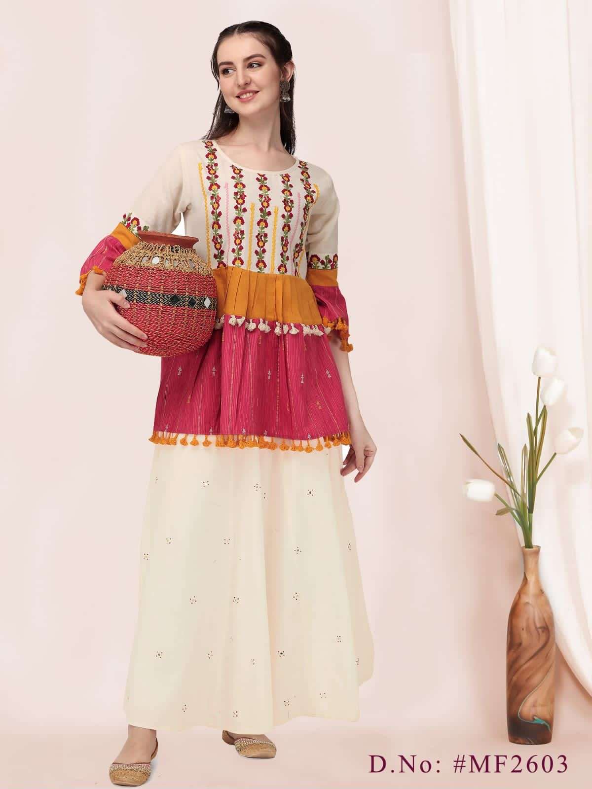 NAVRANG-2022 BY MESMORA 2600 TO 2607 SERIES DESIGNER STYLISH FANCY COLORFUL BEAUTIFUL PARTY WEAR & ETHNIC WEAR COLLECTION COTTON KURTIS WITH BOTTOM AT WHOLESALE PRICE