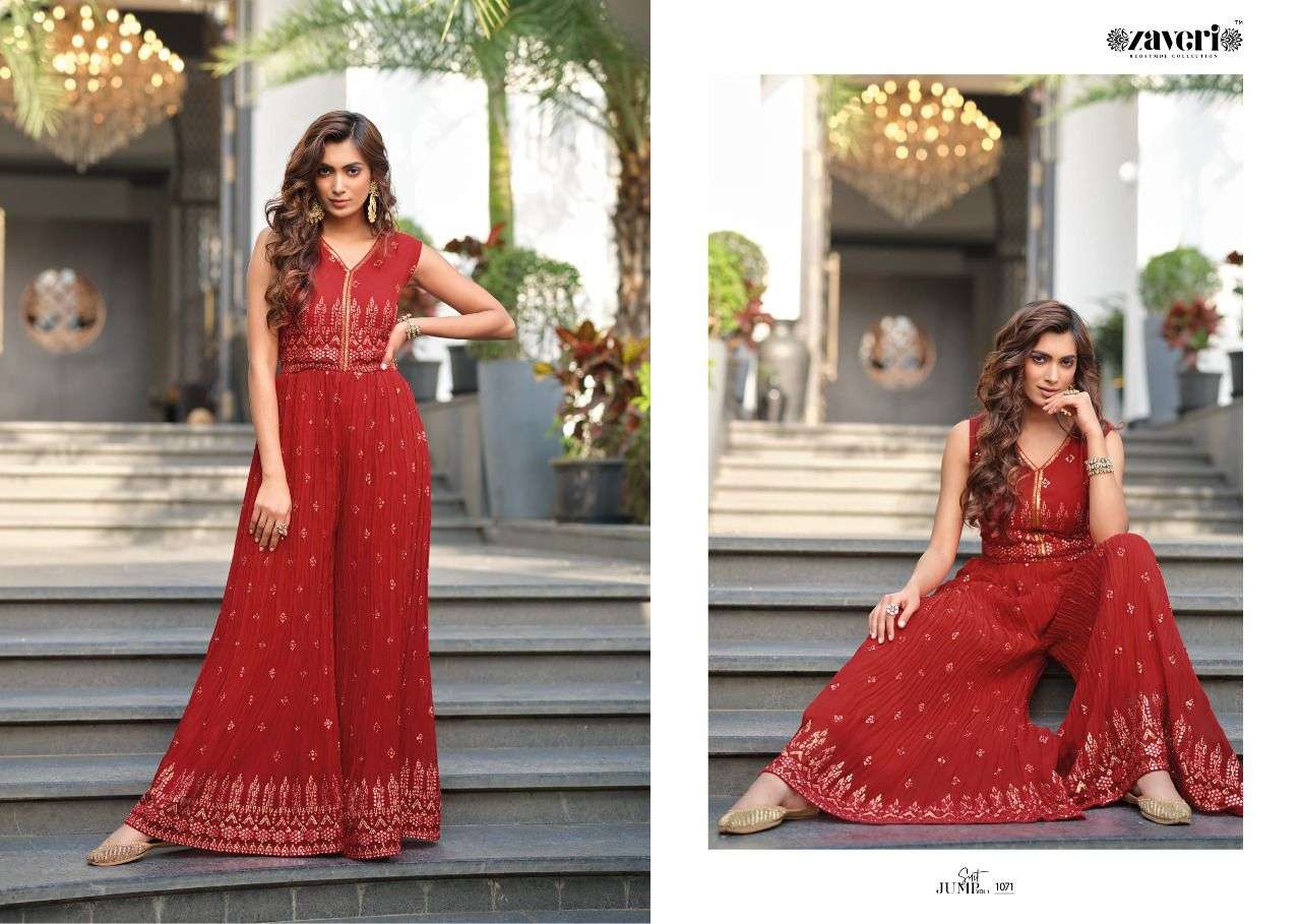 JUMPSUIT BY ZAVERI 1071 TO 1074 SERIES DESIGNER STYLISH FANCY COLORFUL BEAUTIFUL PARTY WEAR & ETHNIC WEAR COLLECTION CHINNON JUMPSUIT AT WHOLESALE PRICE