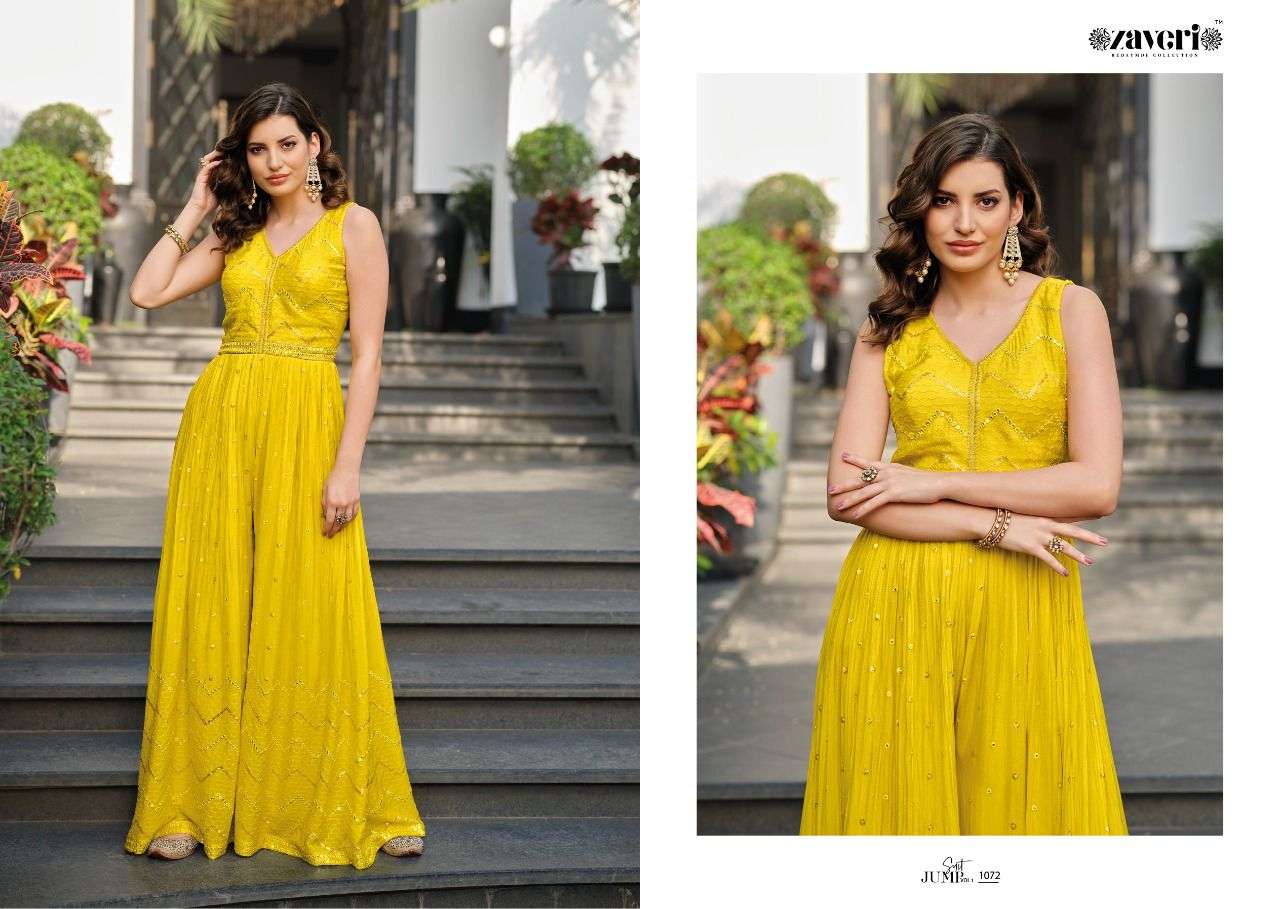 JUMPSUIT BY ZAVERI 1071 TO 1074 SERIES DESIGNER STYLISH FANCY COLORFUL BEAUTIFUL PARTY WEAR & ETHNIC WEAR COLLECTION CHINNON JUMPSUIT AT WHOLESALE PRICE