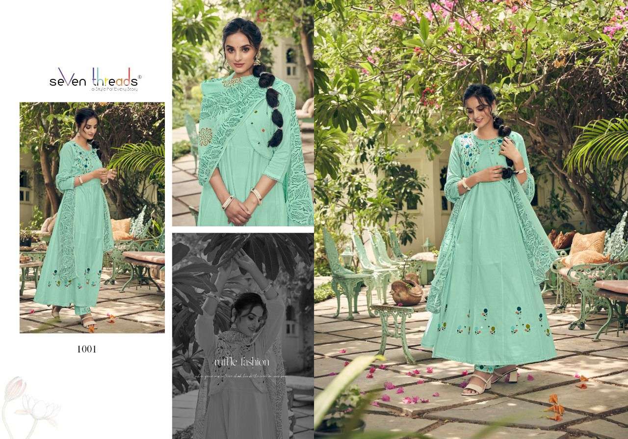 ANARKALI BY SEVEN THREADS 1001 TO 1007 SERIES BEAUTIFUL STYLISH ANARKALI SUITS FANCY COLORFUL CASUAL WEAR & ETHNIC WEAR & READY TO WEAR PURE COTTON EMBROIDERED DRESSES AT WHOLESALE PRICE