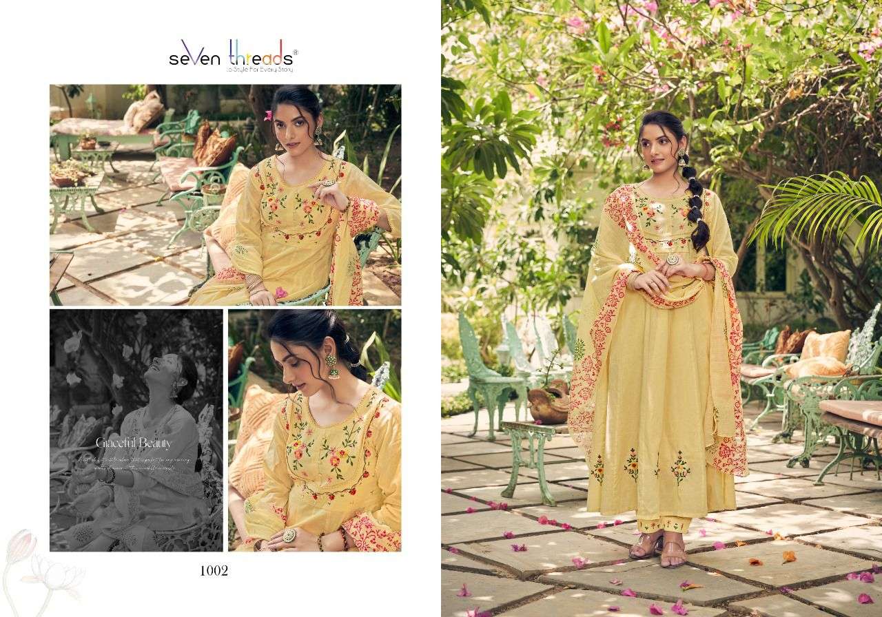 ANARKALI BY SEVEN THREADS 1001 TO 1007 SERIES BEAUTIFUL STYLISH ANARKALI SUITS FANCY COLORFUL CASUAL WEAR & ETHNIC WEAR & READY TO WEAR PURE COTTON EMBROIDERED DRESSES AT WHOLESALE PRICE