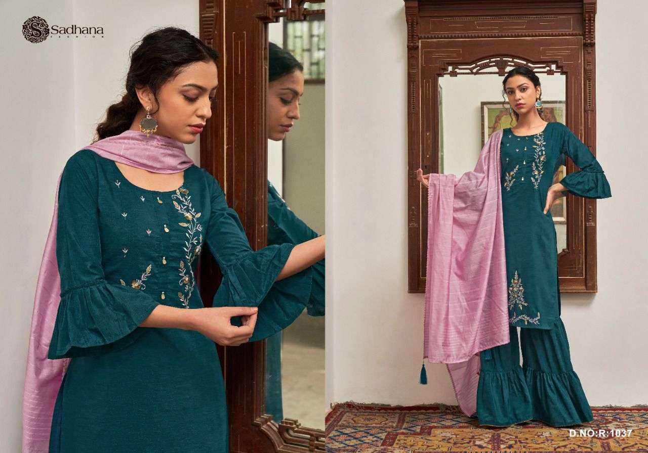 VICTORIA BY SADHANA FASHION 1032 TO 1037 SERIES BEAUTIFUL SHARARA SUITS COLORFUL STYLISH FANCY CASUAL WEAR & ETHNIC WEAR CHINNON SILK DRESSES AT WHOLESALE PRICE