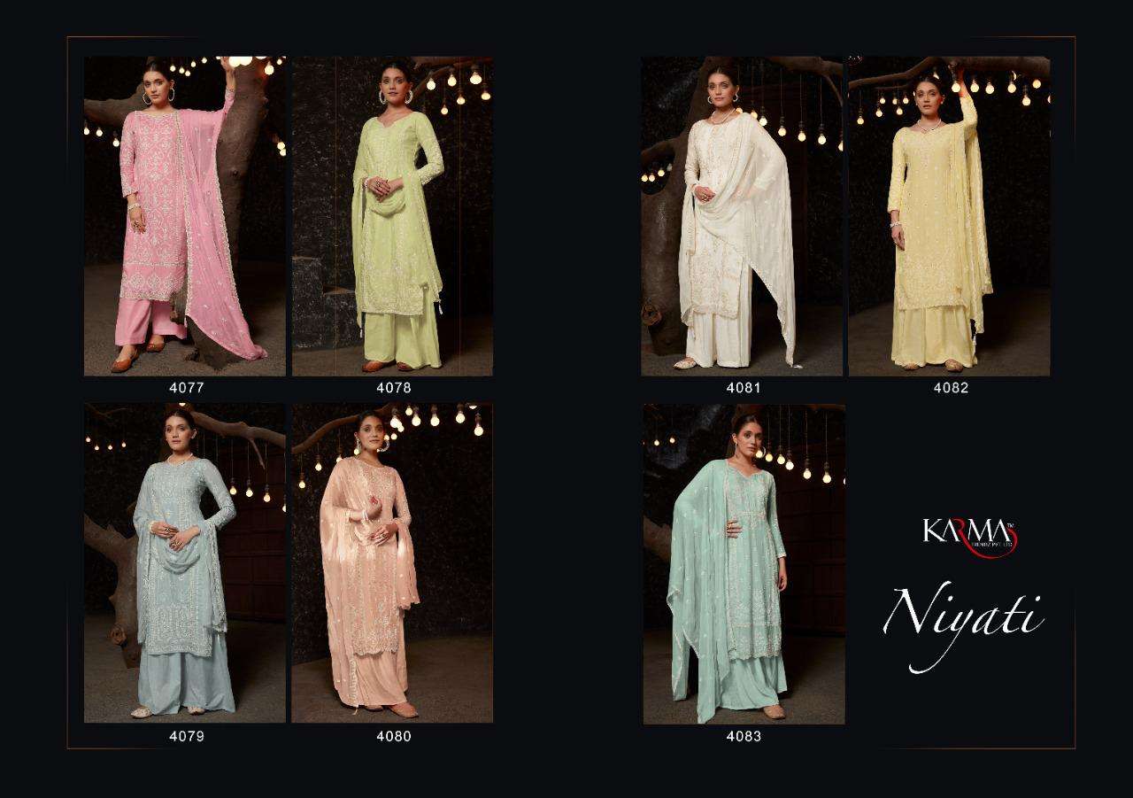 NIYATI BY KARMA TRENDZ 4077 TO 4083 SERIES BEAUTIFUL SUITS COLORFUL STYLISH FANCY CASUAL WEAR & ETHNIC WEAR PURE MUSLIN EMBROIDERED DRESSES AT WHOLESALE PRICE