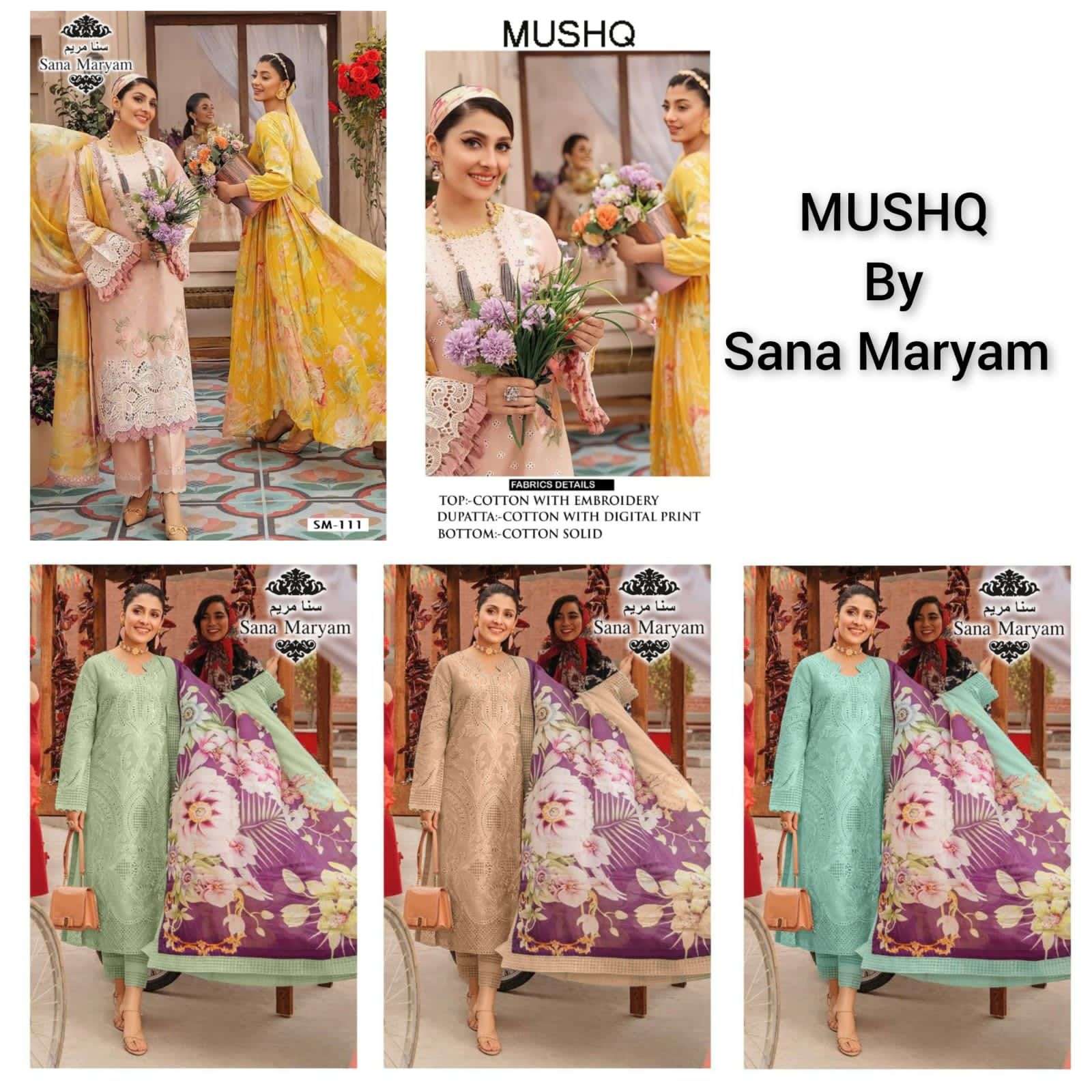 MUSHQ BY SANA MARYAM 111 TO 114 SERIES BEAUTIFUL PAKISTANI SUITS COLORFUL STYLISH FANCY CASUAL WEAR & ETHNIC WEAR COTTON EMBROIDERED DRESSES AT WHOLESALE PRICE