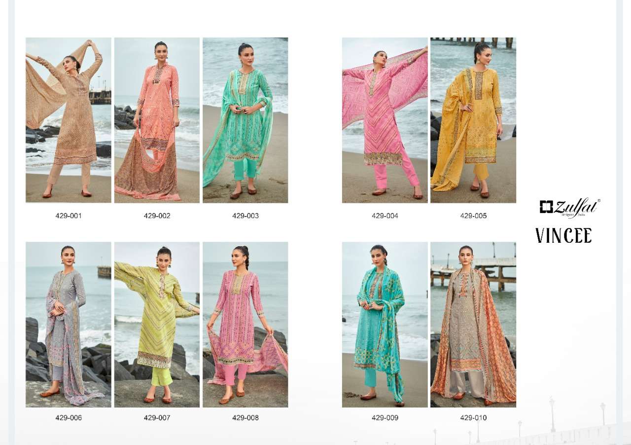 Vincee By Zulfat 429-001 To 429-010 Series Beautiful Suits Colorful Stylish Fancy Casual Wear & Ethnic Wear Pure Cotton Print Dresses At Wholesale Price