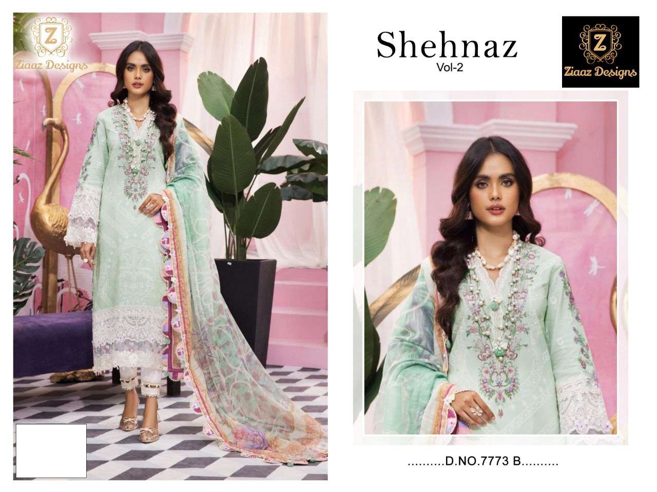 SHEHNAZ VOL-2 BY ZIAAZ DESIGNS 7773-B TO 7773-C SERIES DESIGNER PAKISTANI WEAR COLLECTION BEAUTIFUL STYLISH FANCY COLORFUL PARTY WEAR & OCCASIONAL WEAR COTTON EMBROIDERED DRESSES AT WHOLESALE PRICE