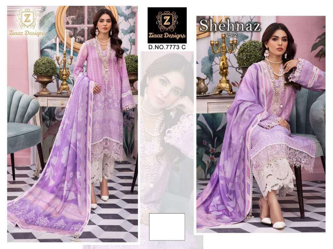 SHEHNAZ VOL-2 BY ZIAAZ DESIGNS 7773-B TO 7773-C SERIES DESIGNER PAKISTANI WEAR COLLECTION BEAUTIFUL STYLISH FANCY COLORFUL PARTY WEAR & OCCASIONAL WEAR COTTON EMBROIDERED DRESSES AT WHOLESALE PRICE