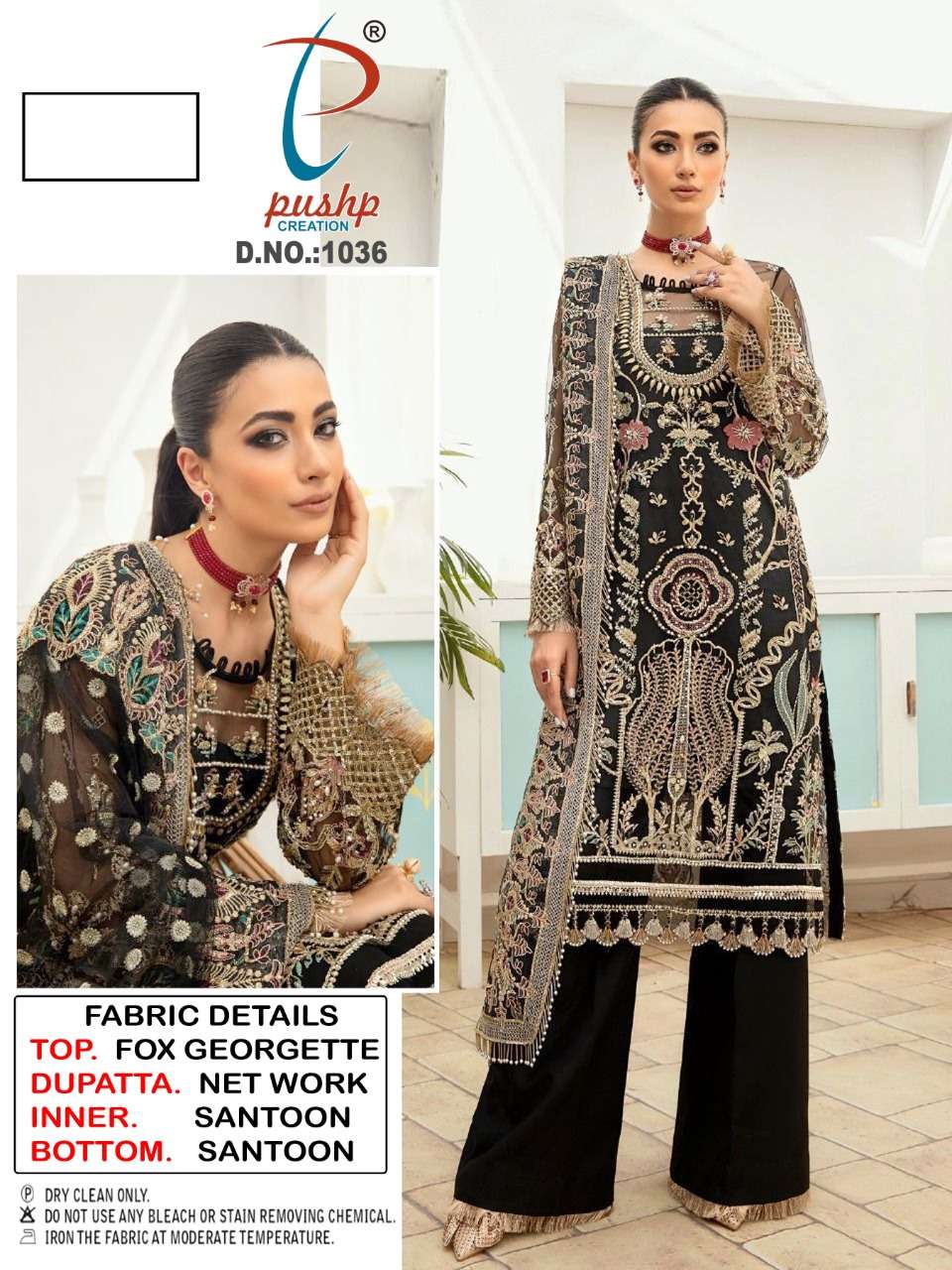 PUSHP HIT DESIGN 1036 BY PUSHP CREATION DESIGNER PAKISTANI SUITS BEAUTIFUL STYLISH FANCY COLORFUL PARTY WEAR & OCCASIONAL WEAR FAUX GEORGETTE EMBROIDERED DRESSES AT WHOLESALE PRICE