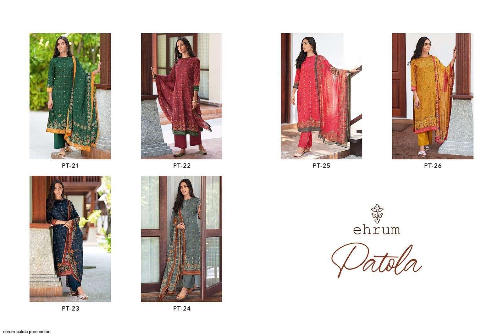 PATOLA BY EHRUM 21 TO 26 SERIES BEAUTIFUL SUITS COLORFUL STYLISH FANCY CASUAL WEAR & ETHNIC WEAR PURE COTTON PRINT DRESSES AT WHOLESALE PRICE
