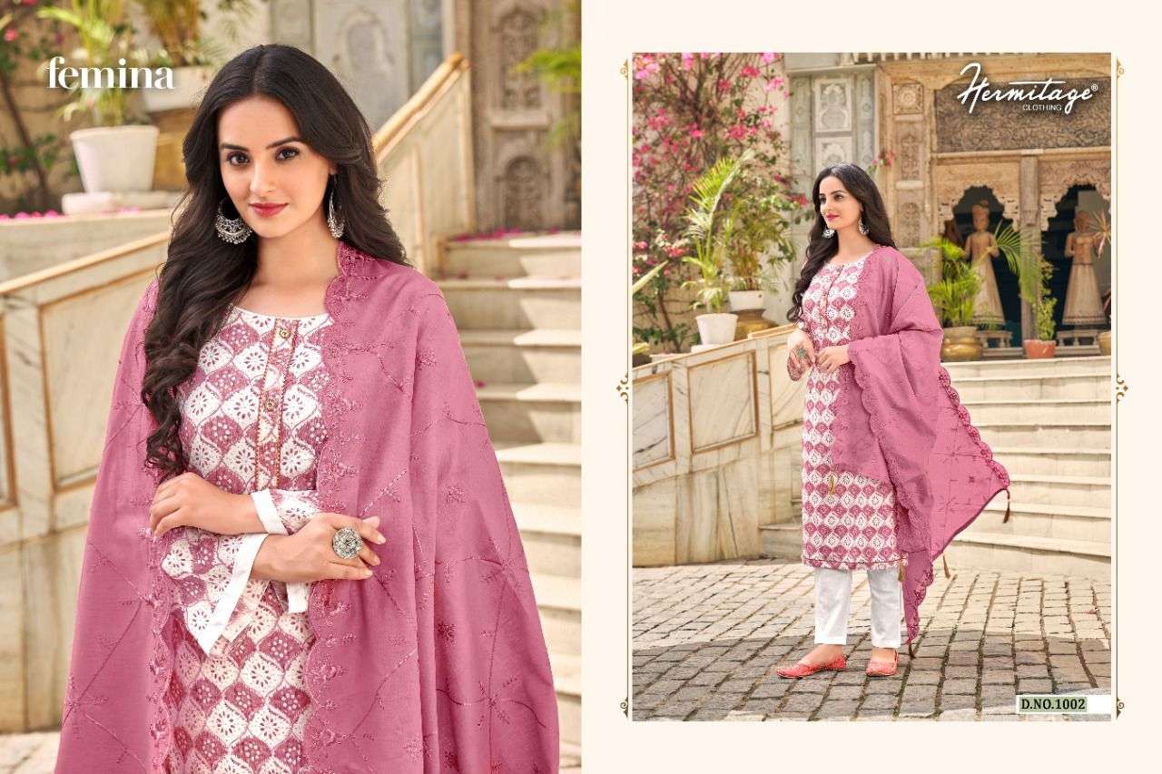 FEMINA BY HERMITAGE 1001 TO 1008 SERIES BEAUTIFUL SUITS COLORFUL STYLISH FANCY CASUAL WEAR & ETHNIC WEAR PURE COTTON SATIN PRINT DRESSES AT WHOLESALE PRICE