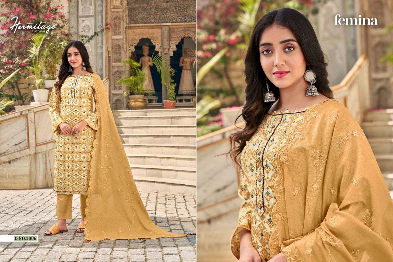 FEMINA BY HERMITAGE 1001 TO 1008 SERIES BEAUTIFUL SUITS COLORFUL STYLISH FANCY CASUAL WEAR & ETHNIC WEAR PURE COTTON SATIN PRINT DRESSES AT WHOLESALE PRICE