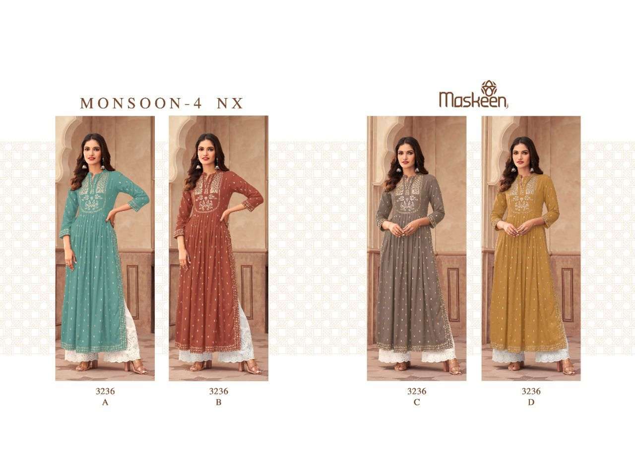 MONSOON VOL-4 NX BY MAISHA 3236-A TO 3236-D SERIES DESIGNER STYLISH FANCY COLORFUL BEAUTIFUL PARTY WEAR & ETHNIC WEAR COLLECTION PURE RAYON DIGITAL PRINT KURTIS WITH BOTTOM AT WHOLESALE PRICE