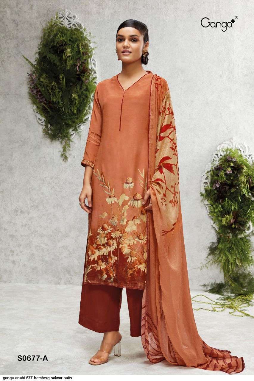 Anahi-677 By Ganga Fashion 677-A To 677-D Series Beautiful Suits Colorful Stylish Fancy Casual Wear & Ethnic Wear Bemberg Crepe Dresses At Wholesale Price