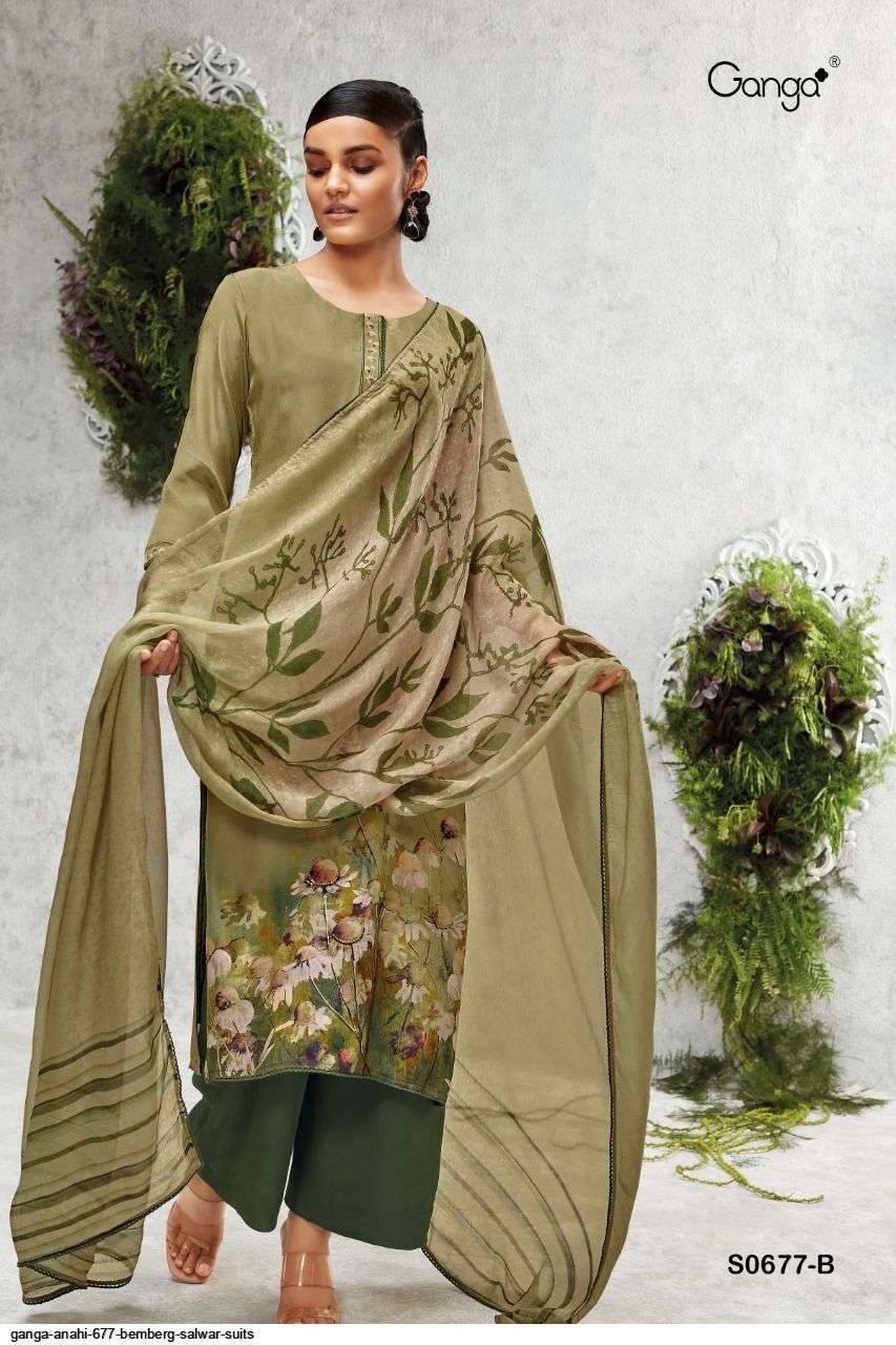Anahi-677 By Ganga Fashion 677-A To 677-D Series Beautiful Suits Colorful Stylish Fancy Casual Wear & Ethnic Wear Bemberg Crepe Dresses At Wholesale Price