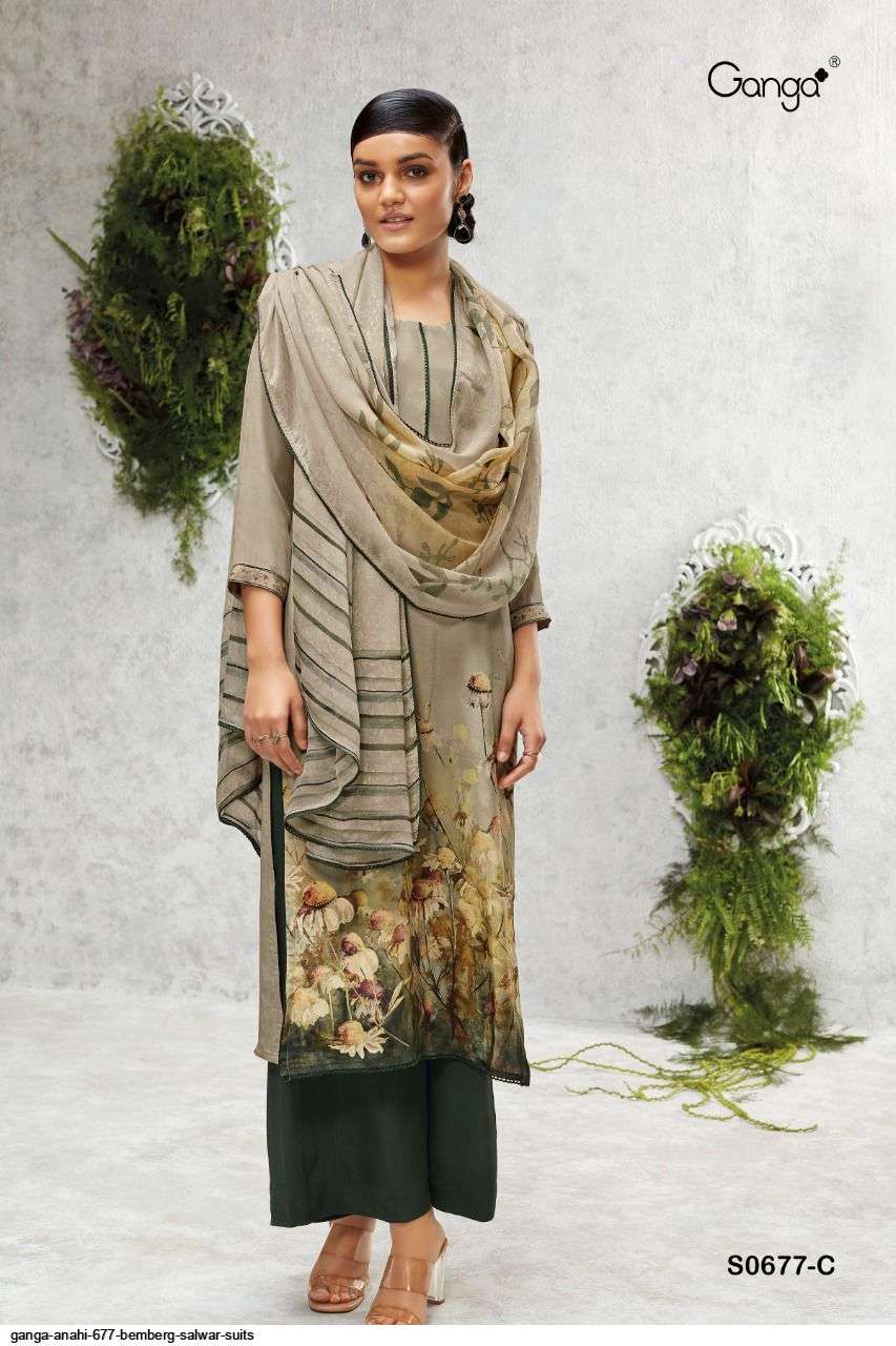 Anahi-677 By Ganga Fashion 677-A To 677-D Series Beautiful Suits Colorful Stylish Fancy Casual Wear & Ethnic Wear Bemberg Crepe Dresses At Wholesale Price