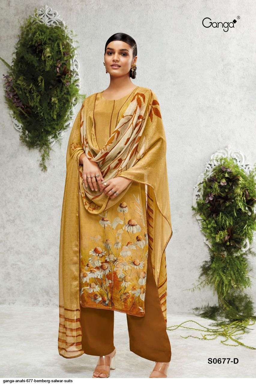 Anahi-677 By Ganga Fashion 677-A To 677-D Series Beautiful Suits Colorful Stylish Fancy Casual Wear & Ethnic Wear Bemberg Crepe Dresses At Wholesale Price