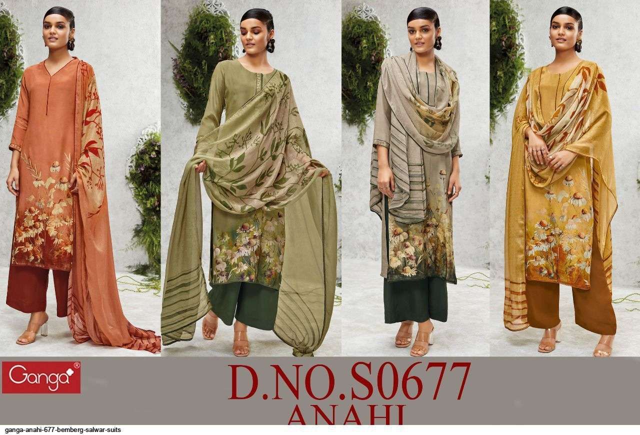 Anahi-677 By Ganga Fashion 677-A To 677-D Series Beautiful Suits Colorful Stylish Fancy Casual Wear & Ethnic Wear Bemberg Crepe Dresses At Wholesale Price