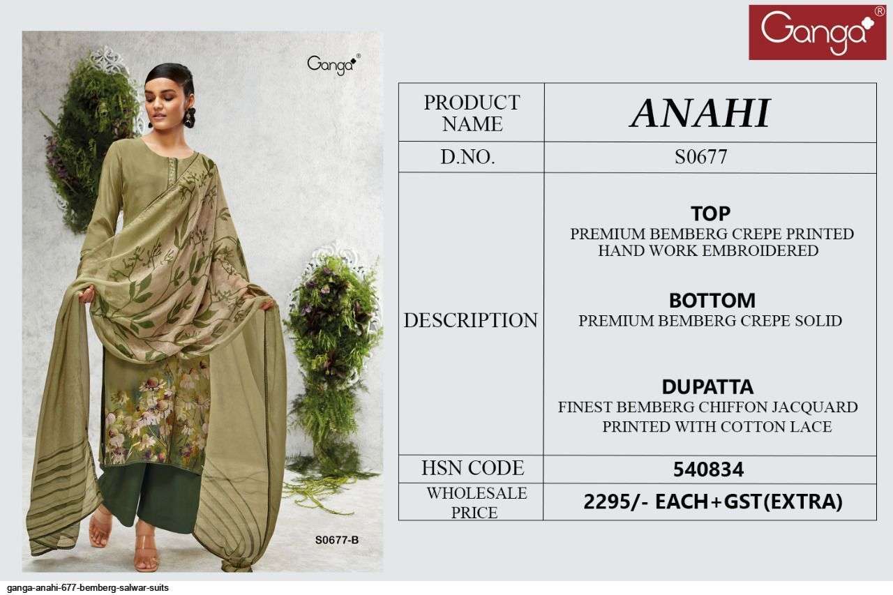 Anahi-677 By Ganga Fashion 677-A To 677-D Series Beautiful Suits Colorful Stylish Fancy Casual Wear & Ethnic Wear Bemberg Crepe Dresses At Wholesale Price
