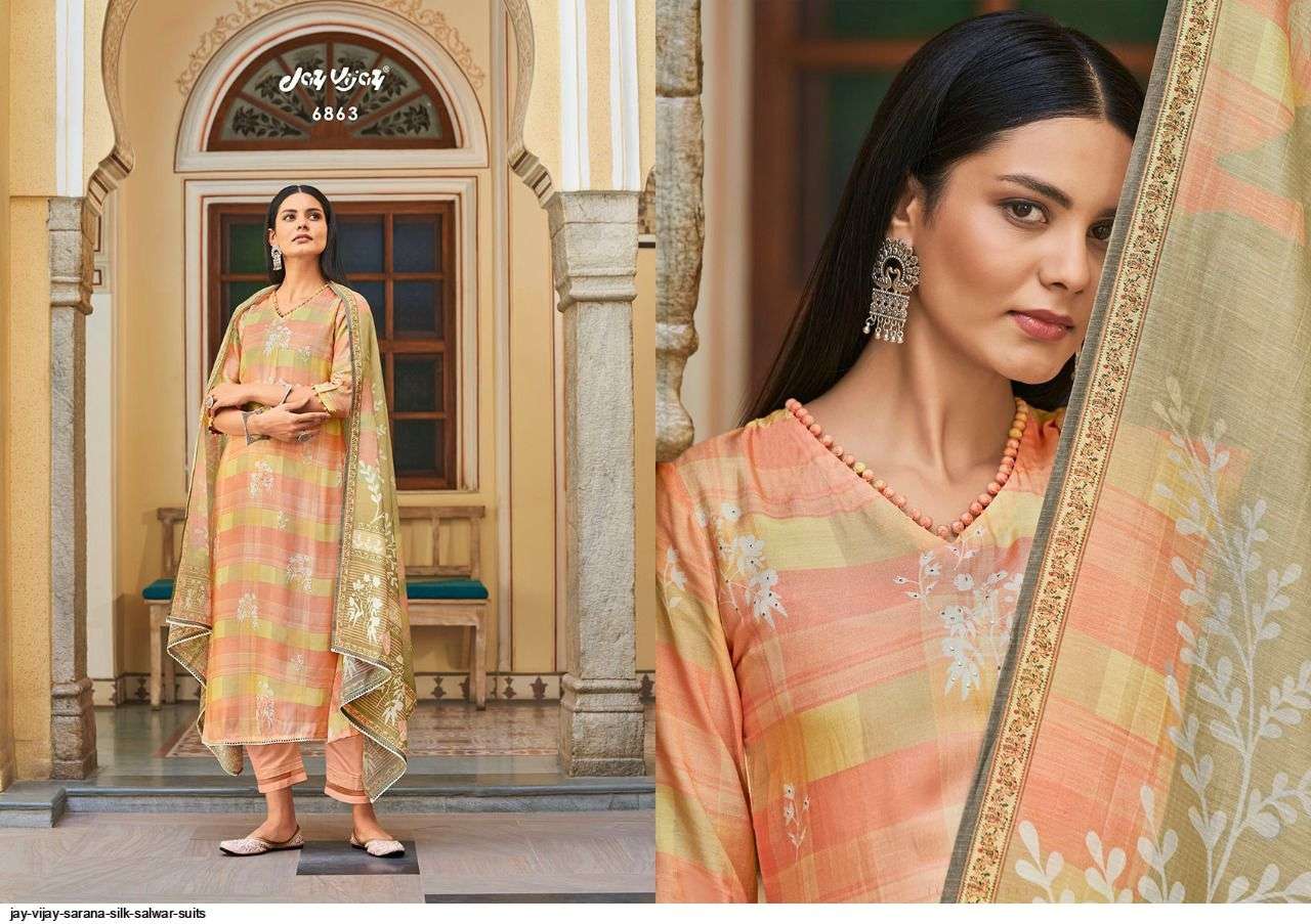 SARANA BY JAY VIJAY PRINTS 6861 TO 6866 SERIES BEAUTIFUL SUITS COLORFUL STYLISH FANCY CASUAL WEAR & ETHNIC WEAR PURE SILK DIGITAL PRINT DRESSES AT WHOLESALE PRICE