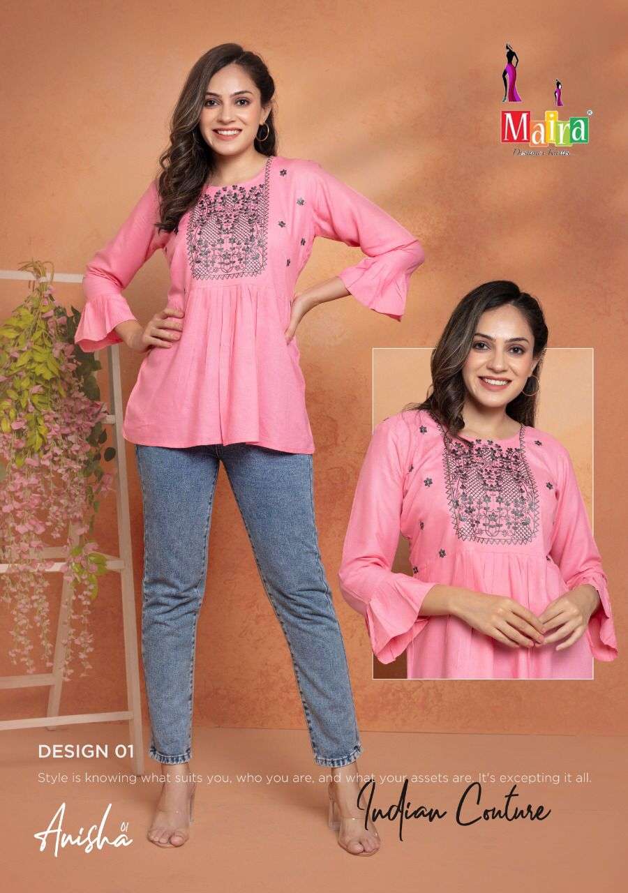 ANISHA BY MAIRA 01 TO 08 SERIES BEAUTIFUL STYLISH FANCY COLORFUL CASUAL WEAR & ETHNIC WEAR HEAVY RAYON TOPS AT WHOLESALE PRICE