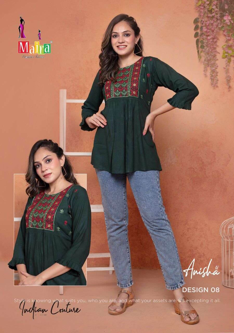 ANISHA BY MAIRA 01 TO 08 SERIES BEAUTIFUL STYLISH FANCY COLORFUL CASUAL WEAR & ETHNIC WEAR HEAVY RAYON TOPS AT WHOLESALE PRICE